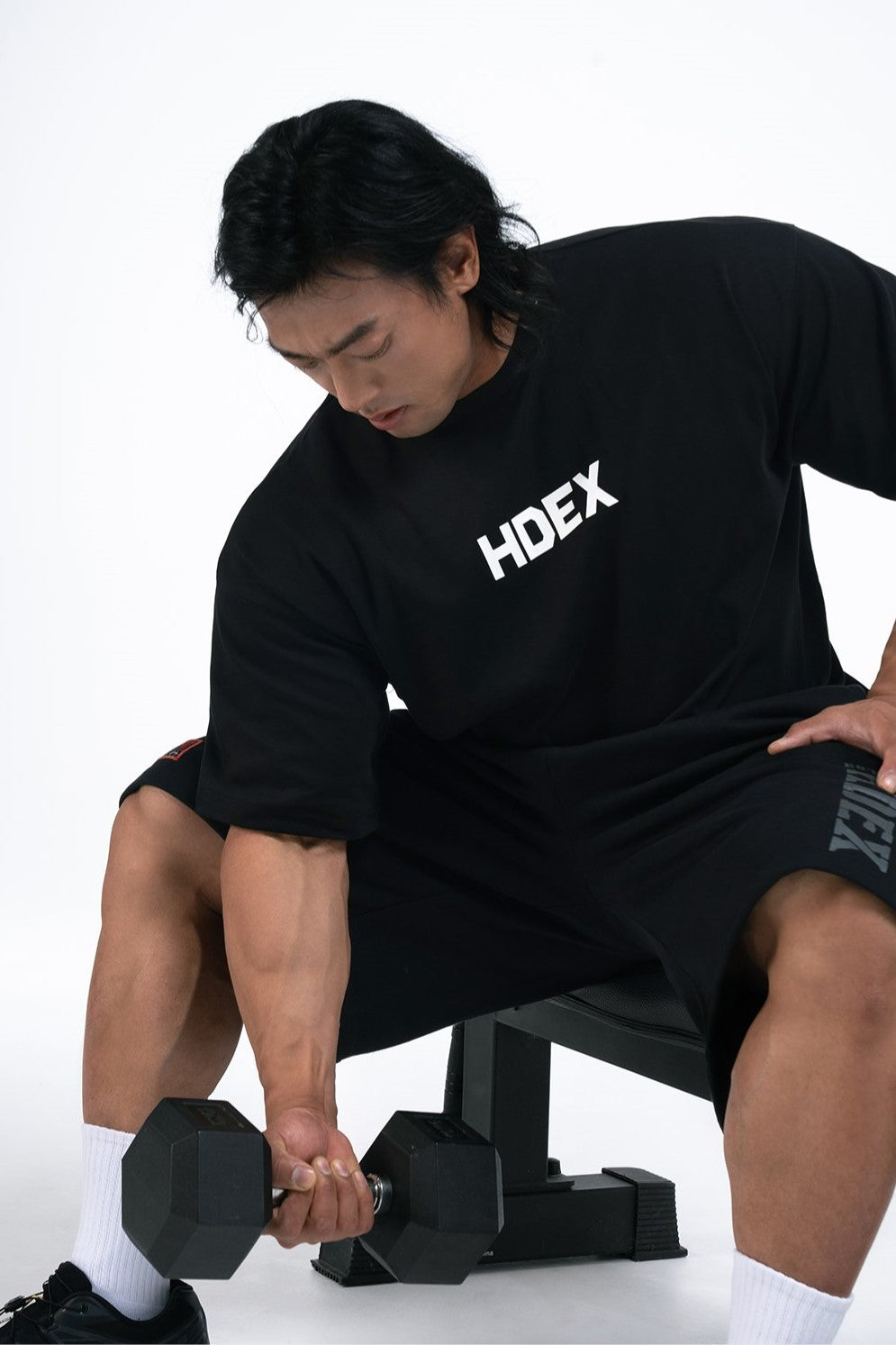 HDEX Baju Korea Olahraga Main Logo Over Fit Sleeve T-Shirt Black Pria Fitness