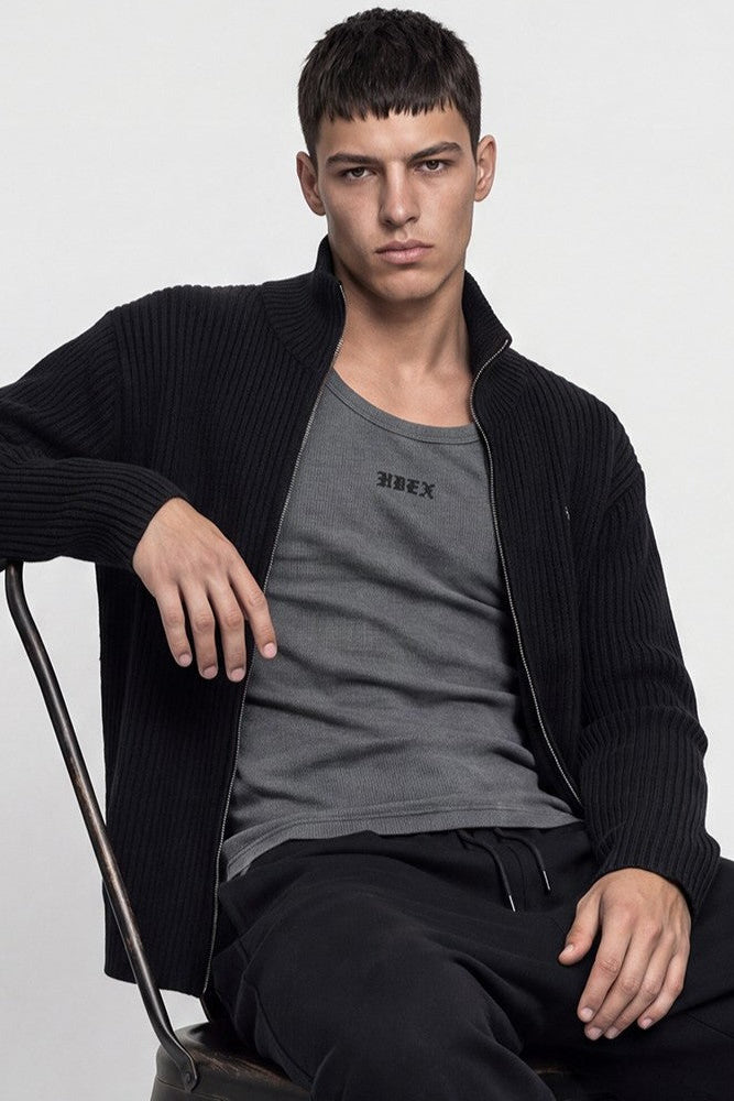 HDEX Baju Korea Olahraga Natural Body Fit Short-Cut Knit Zip-Up Black Pria Fitness