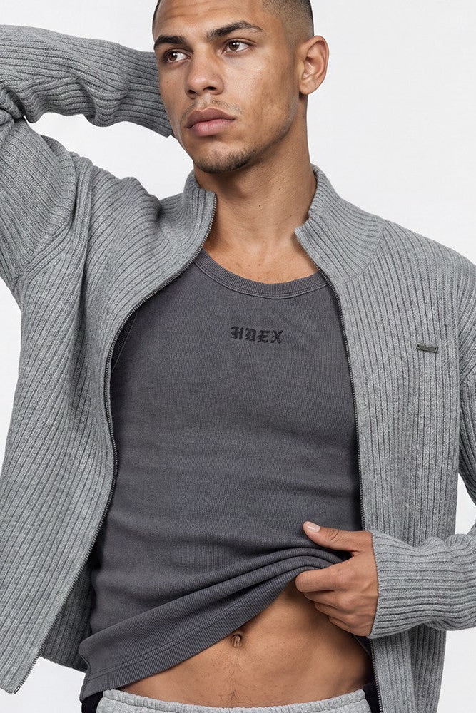 HDEX Baju Korea Olahraga Natural Body Fit Short-Cut Knit Zip-Up Melange Gray Pria Fitness