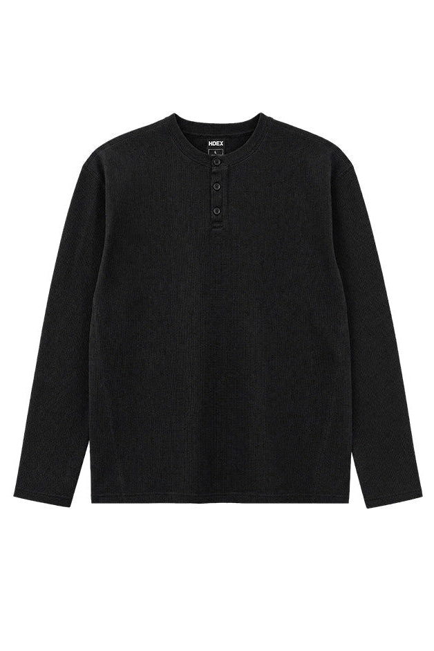 HDEX Baju Korea Olahraga Old Legacy Waffle Henley Neck Long Sleeve Black Pria Fitness