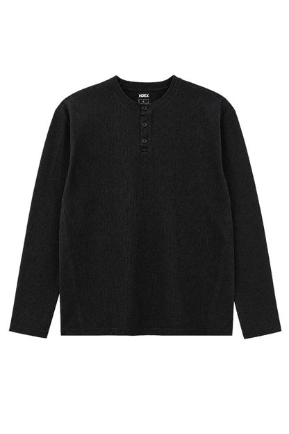 HDEX Baju Korea Olahraga Old Legacy Waffle Henley Neck Long Sleeve Black Pria Fitness