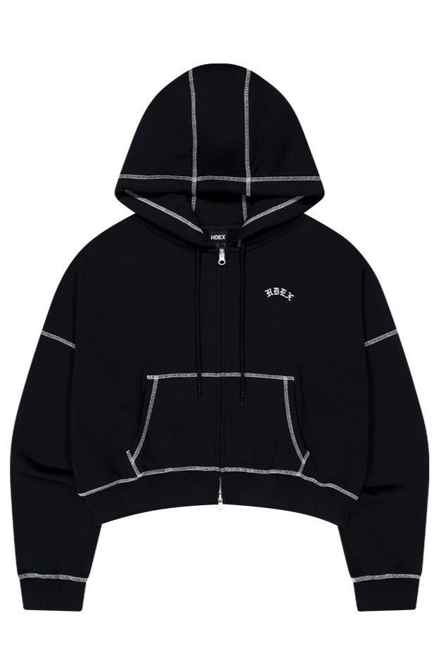 HDEX Baju Korea Olahraga Womens Contrast Stitch Hoodie Zip-Up Black Jaket Wanita Fitness