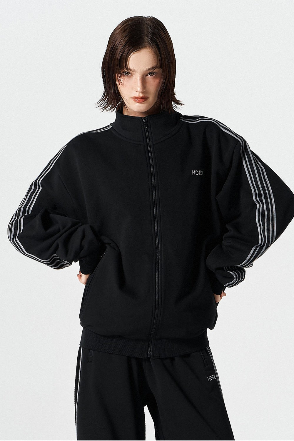 HDEX Baju Korea Olahraga Main Logo Track Jacket Black Jaket Pria Wanita Fitness