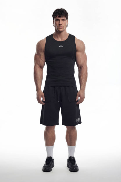 HDEX Baju Korea Olahraga Essential Cut Line Body Fit Tank Black Pria Fitness