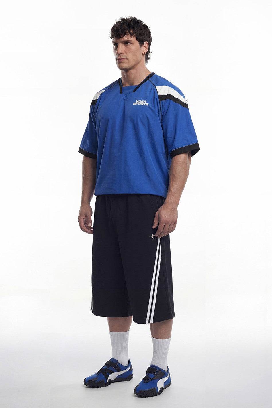 HDEX Baju Korea Olahraga Sporty Color Block Half Jersey Short Sleeve Blue Pria Fitness
