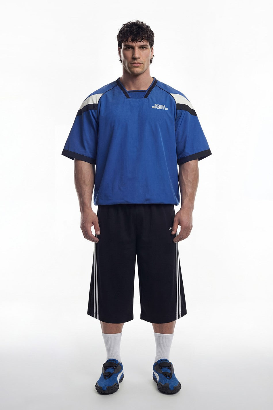 HDEX Baju Korea Olahraga Sporty Color Block Half Jersey Short Sleeve Blue Pria Fitness
