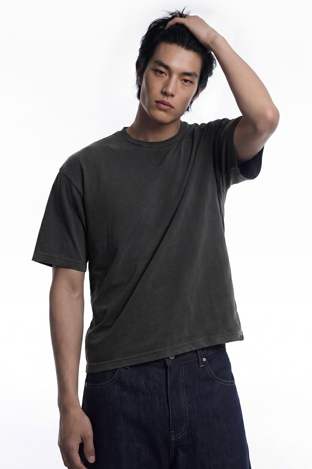 HDEX Baju Korea Olahraga Essential Pigment Short-Cut Sleeve Charcoal Pria Fitness