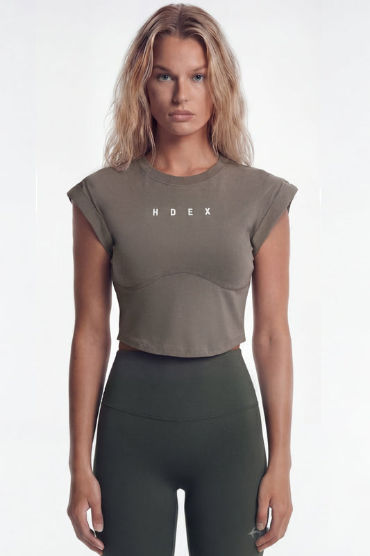 HDEX Baju Korea Olahraga Mild Roll-Up Crop Sleeveless Taupe Wanita Fitness