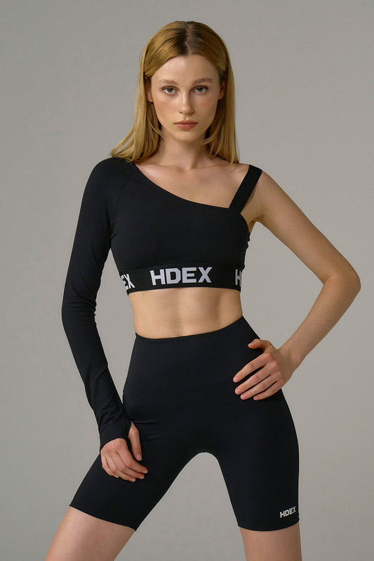 HDEX Baju Korea Olahraga Pro One-Shoulder Crop Long Sleeve Black Wanita Fitness