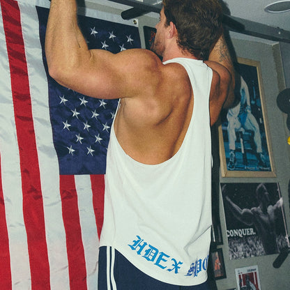 [GYM CLUB LEGACY PRE-ORDER] HDEX Baju Korea Olahraga Old English Back Logo Stringer White Pria Fitness