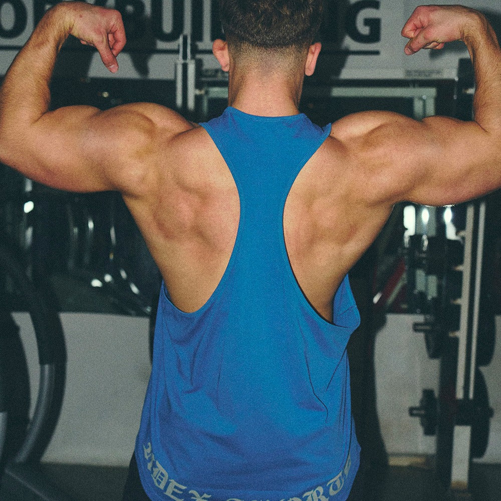 [GYM CLUB LEGACY PRE-ORDER] HDEX Baju Korea Olahraga Old English Back Logo Stringer Deep Blue Pria Fitness