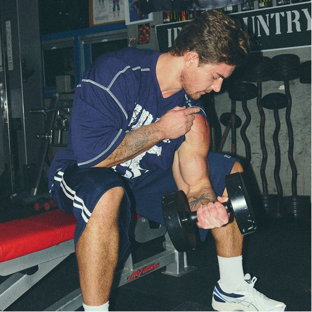 [GYM CLUB LEGACY PRE-ORDER] HDEX Baju Korea Olahraga Giant Fit 85 Mesh Short Sleeve Navy Pria Fitness