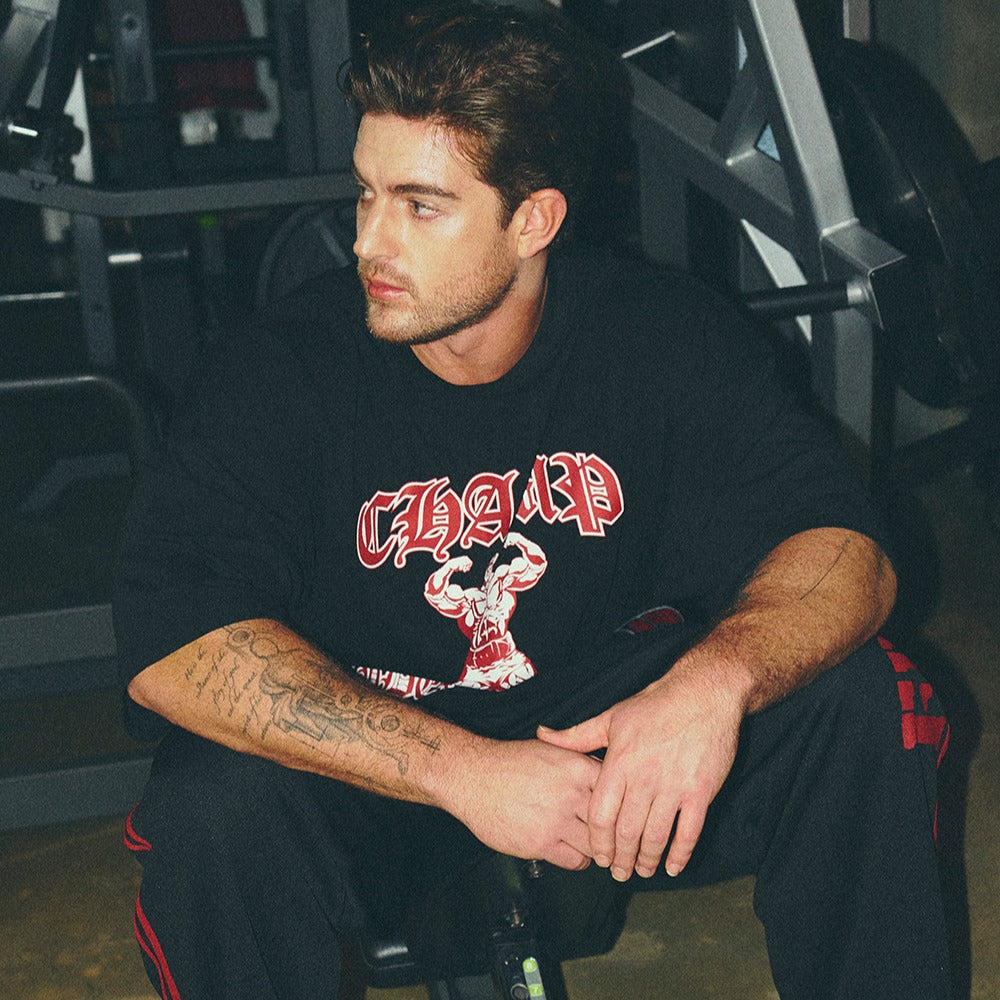 [GYM CLUB LEGACY PRE-ORDER] HDEX Baju Korea Olahraga Old Champ Giant Fit Short Sleeve Black Pria Fitness