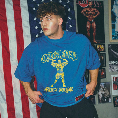 [GYM CLUB LEGACY PRE-ORDER] HDEX Baju Korea Olahraga Old Champ Giant Fit Short Sleeve Deep Blue Pria Fitness