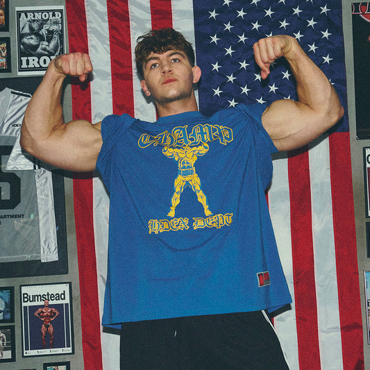 [GYM CLUB LEGACY PRE-ORDER] HDEX Baju Korea Olahraga Old Champ Giant Fit Short Sleeve Deep Blue Pria Fitness