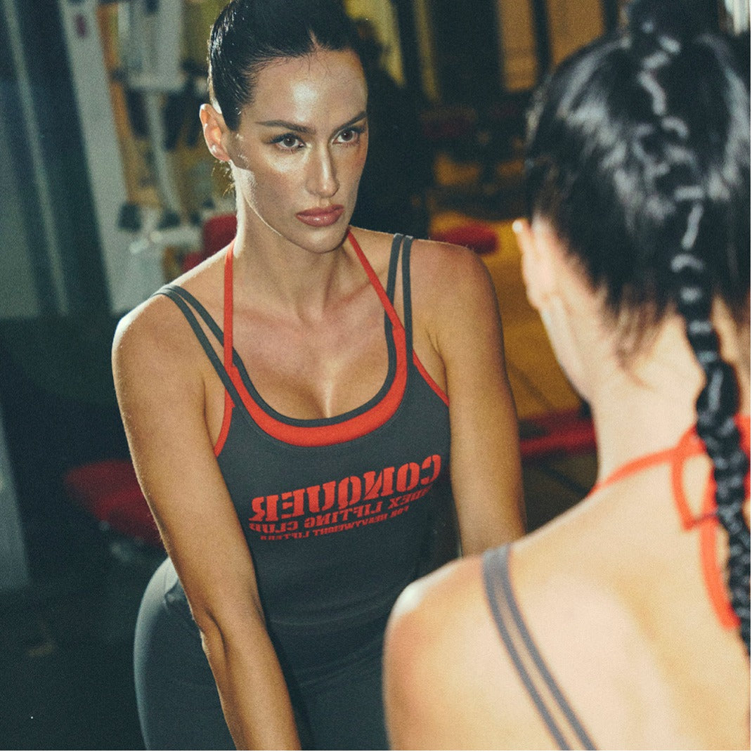[GYM CLUB LEGACY PRE-ORDER] HDEX Baju Korea Olahraga Women`s Double String Halter Tank Top Charcoal Wanita Fitness