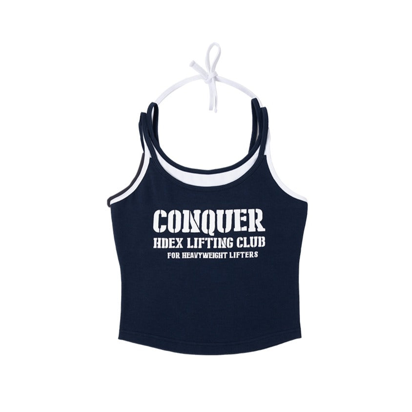 [GYM CLUB LEGACY PRE-ORDER] HDEX Baju Korea Olahraga Women`s Double String Halter Tank Top Navy Wanita Fitness
