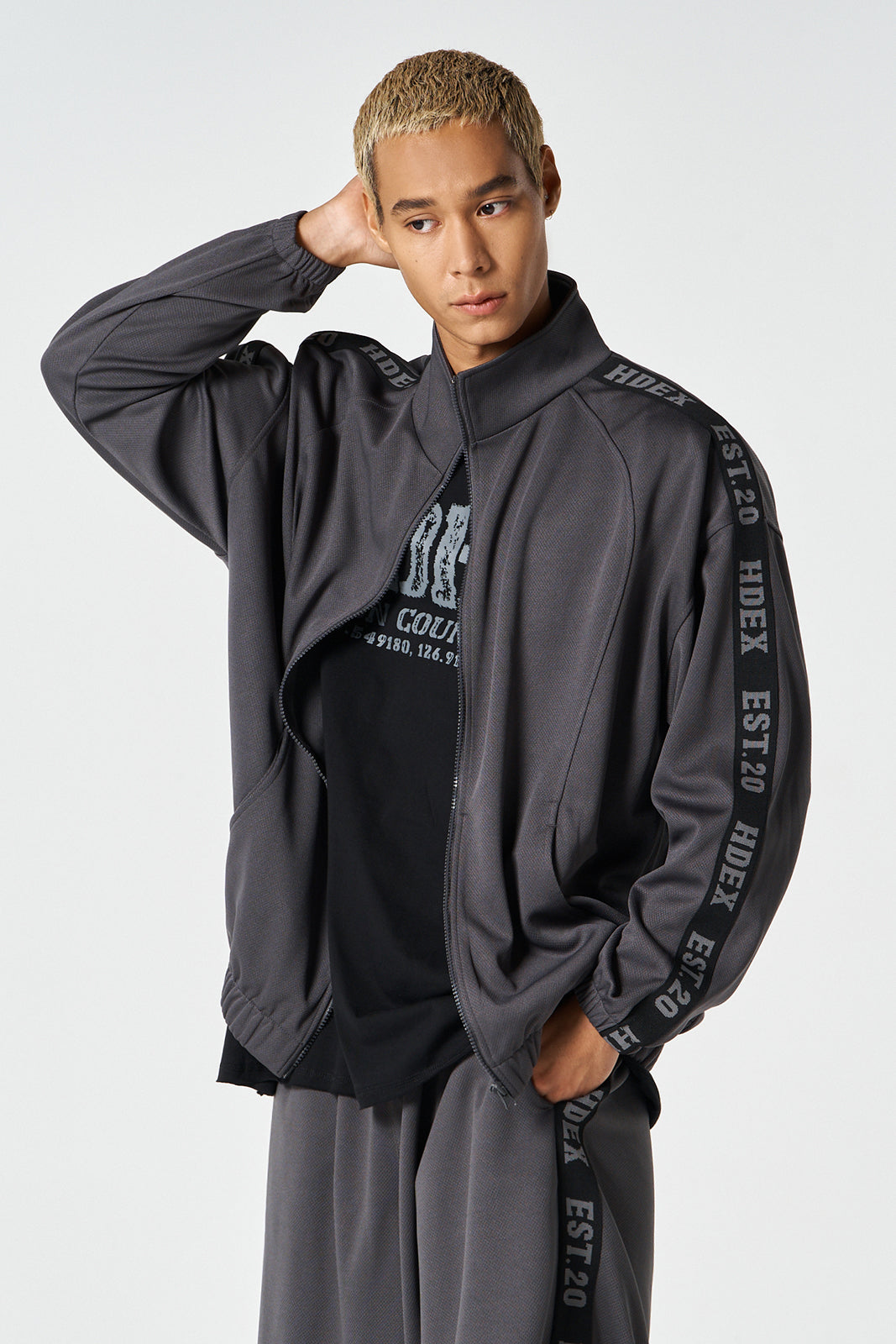 HDEX Baju Korea Olahraga Tape Mesh Track Jacket Charcoal Jaket Pria fitness