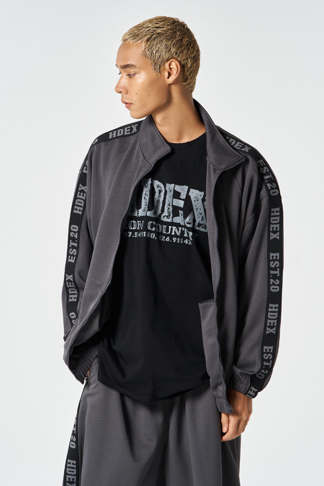 HDEX Baju Korea Olahraga Tape Mesh Track Jacket Charcoal Jaket Pria fitness