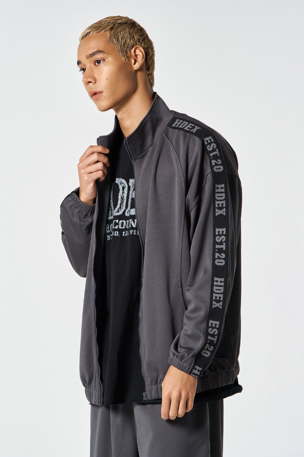 HDEX Baju Korea Olahraga Tape Mesh Track Jacket Charcoal Jaket Pria fitness