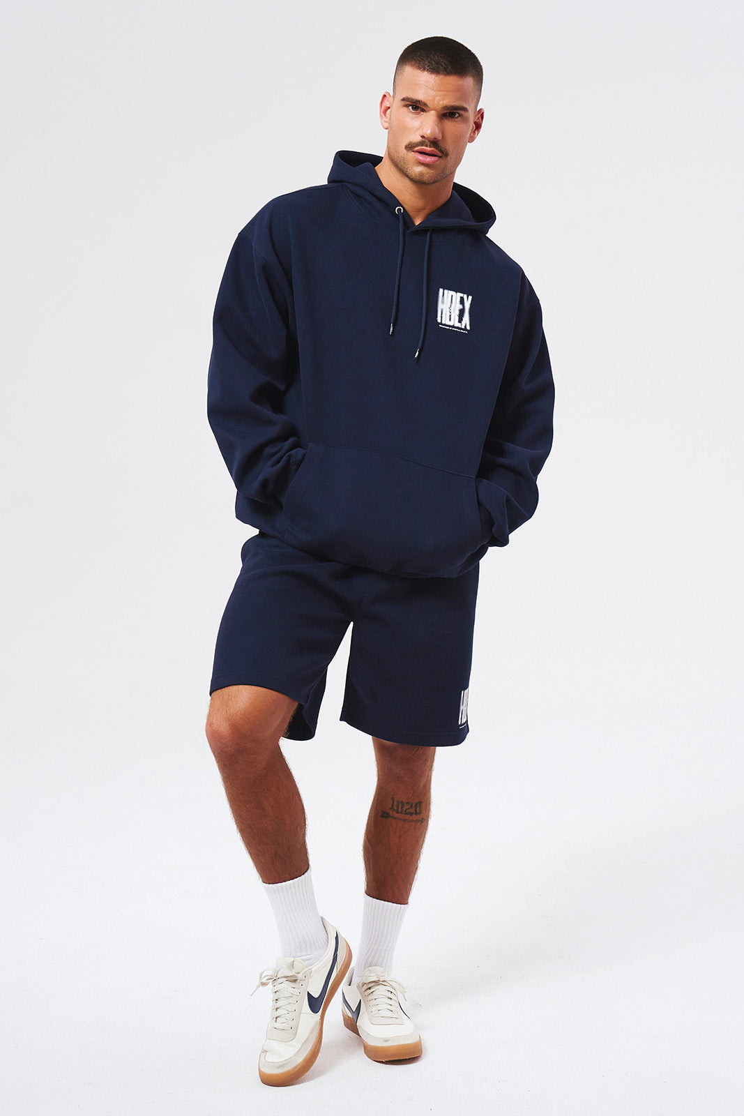 HDEX Celana Korea Olahraga Crack Printed Sweat Shorts Navy Pria Fitness