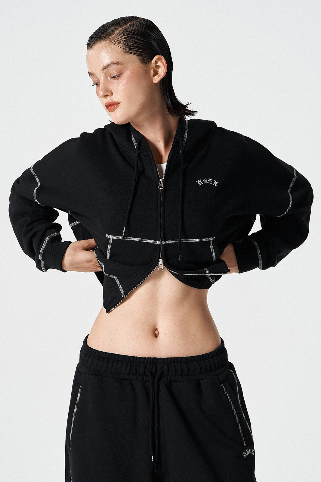 HDEX Baju Korea Olahraga Womens Contrast Stitch Hoodie Zip-Up Black Jaket Wanita Fitness