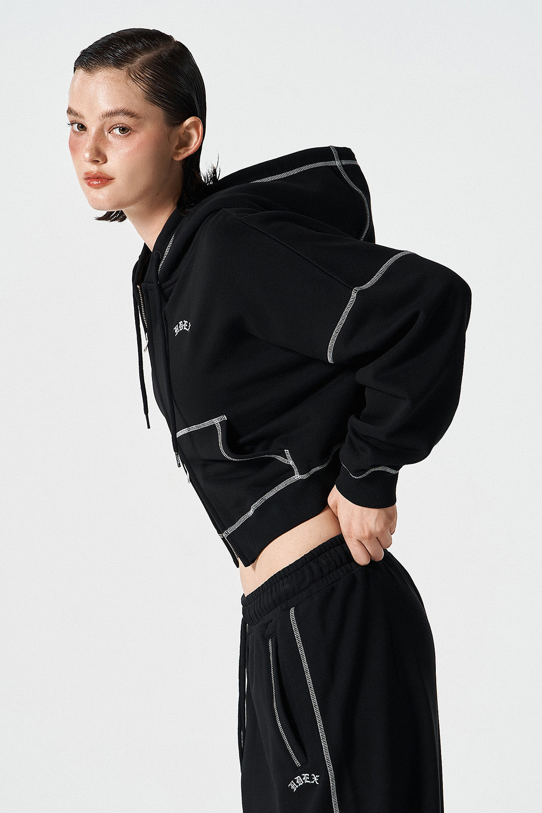 HDEX Baju Korea Olahraga Womens Contrast Stitch Hoodie Zip-Up Black Jaket Wanita Fitness