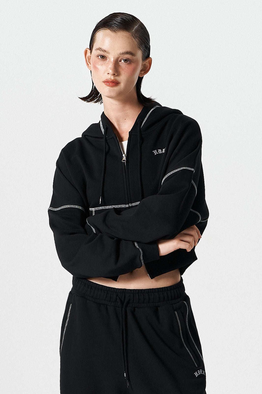 HDEX Baju Korea Olahraga Womens Contrast Stitch Hoodie Zip-Up Black Jaket Wanita Fitness