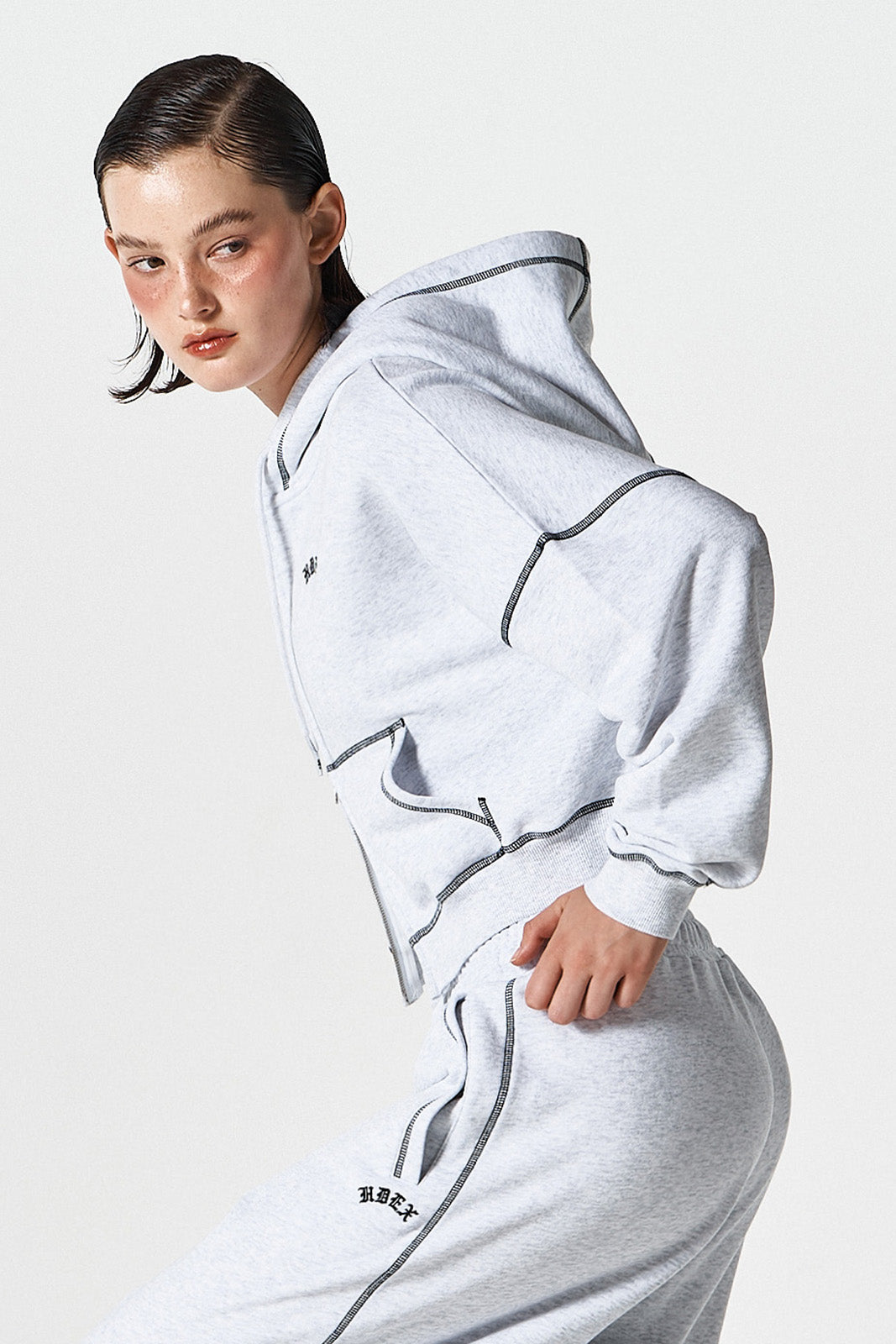 HDEX Baju Korea Olahraga Womens Contrast Stitch Hoodie Zip-Up Melange White Jaket Wanita Fitness