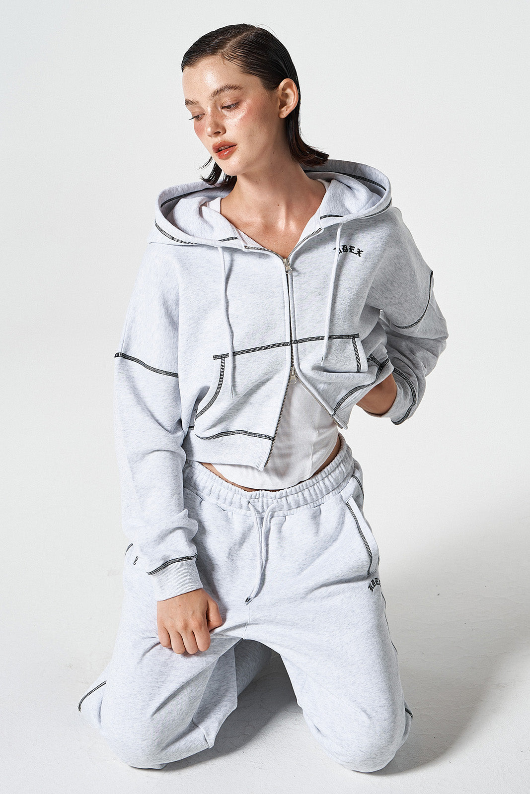 HDEX Baju Korea Olahraga Womens Contrast Stitch Hoodie Zip-Up Melange White Jaket Wanita Fitness