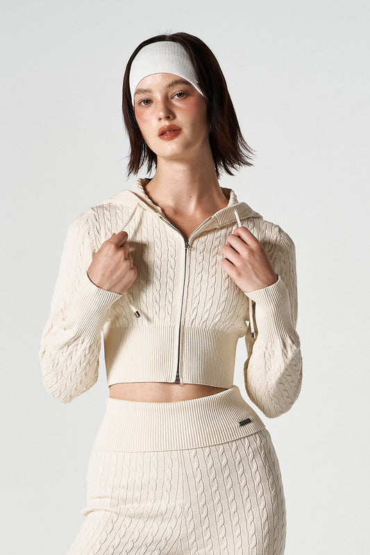 HDEX Baju Korea Olahraga Womens Cable Knit Crop Hoodie Zip-Up Ivory Wanita Fitness