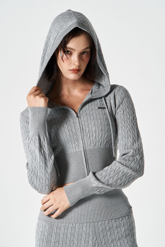 HDEX Baju Korea Olahraga Womens Cable Knit Crop Hoodie Zip-Up Melange Gray Wanita Fitness