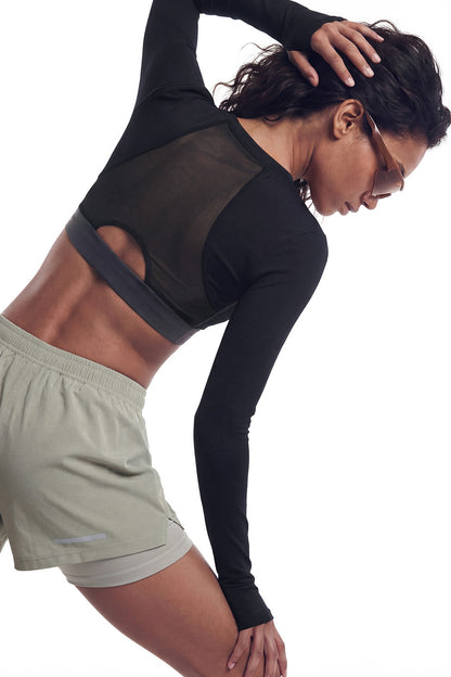 HDEX Baju Korea Olahraga Assist Mesh Layer Back Crop Top Black Wanita Fitness
