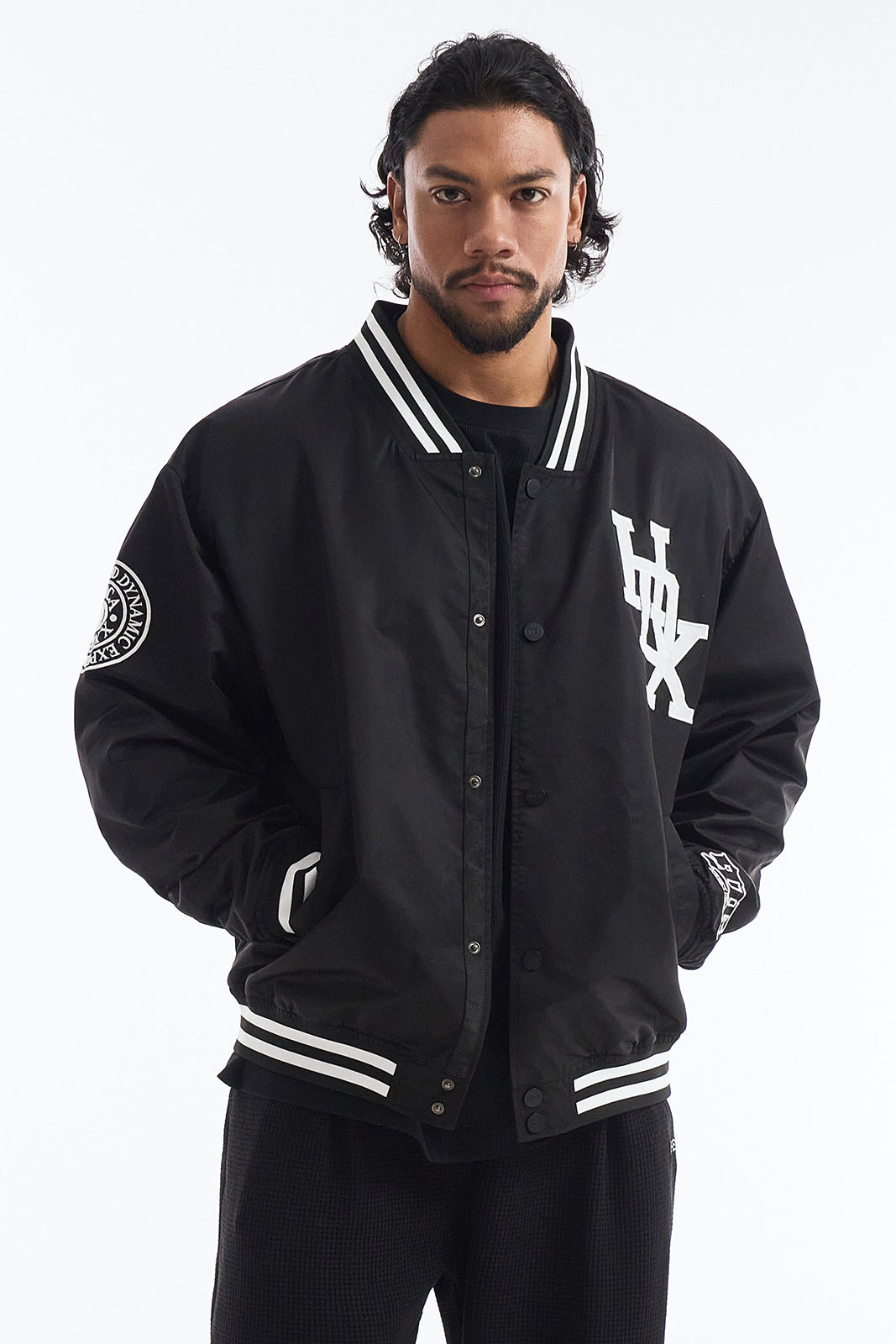 HDEX Baju Korea Olahraga 916 Applique Baseball Jacket Black Pria Fitness