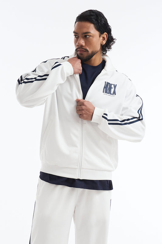 HDEX Baju Korea Olahraga Crack Printed Track Jacket White Pria Fitness