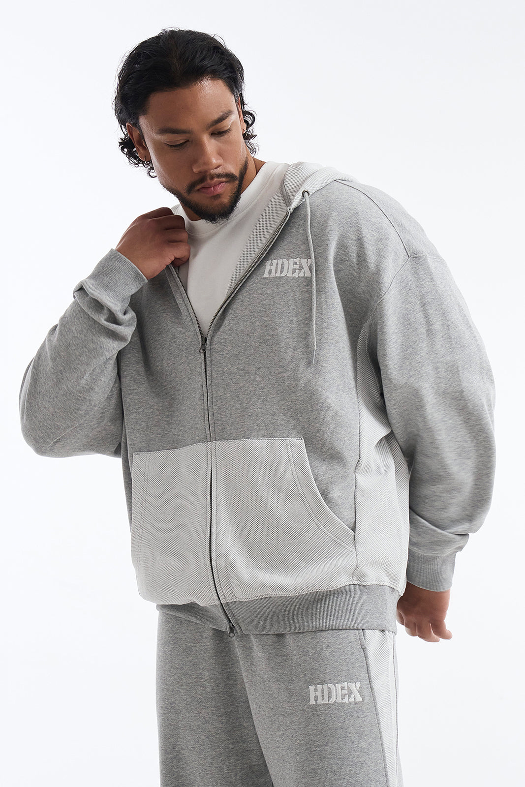 HDEX Baju Korea Olahraga Core Reverse Giant Fit Hoodie Zip-Up Melange Gray Pria Fitness