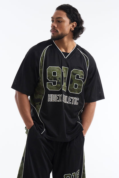 HDEX Baju Korea Olahraga Camo 916 Block Mesh Short Sleeve Black Pria Fitness