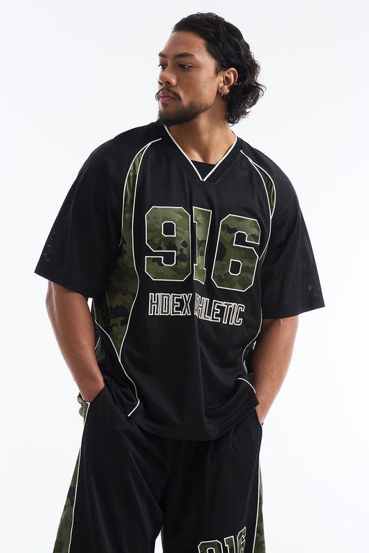 HDEX Baju Korea Olahraga Camo 916 Block Mesh Short Sleeve Black Pria Fitness