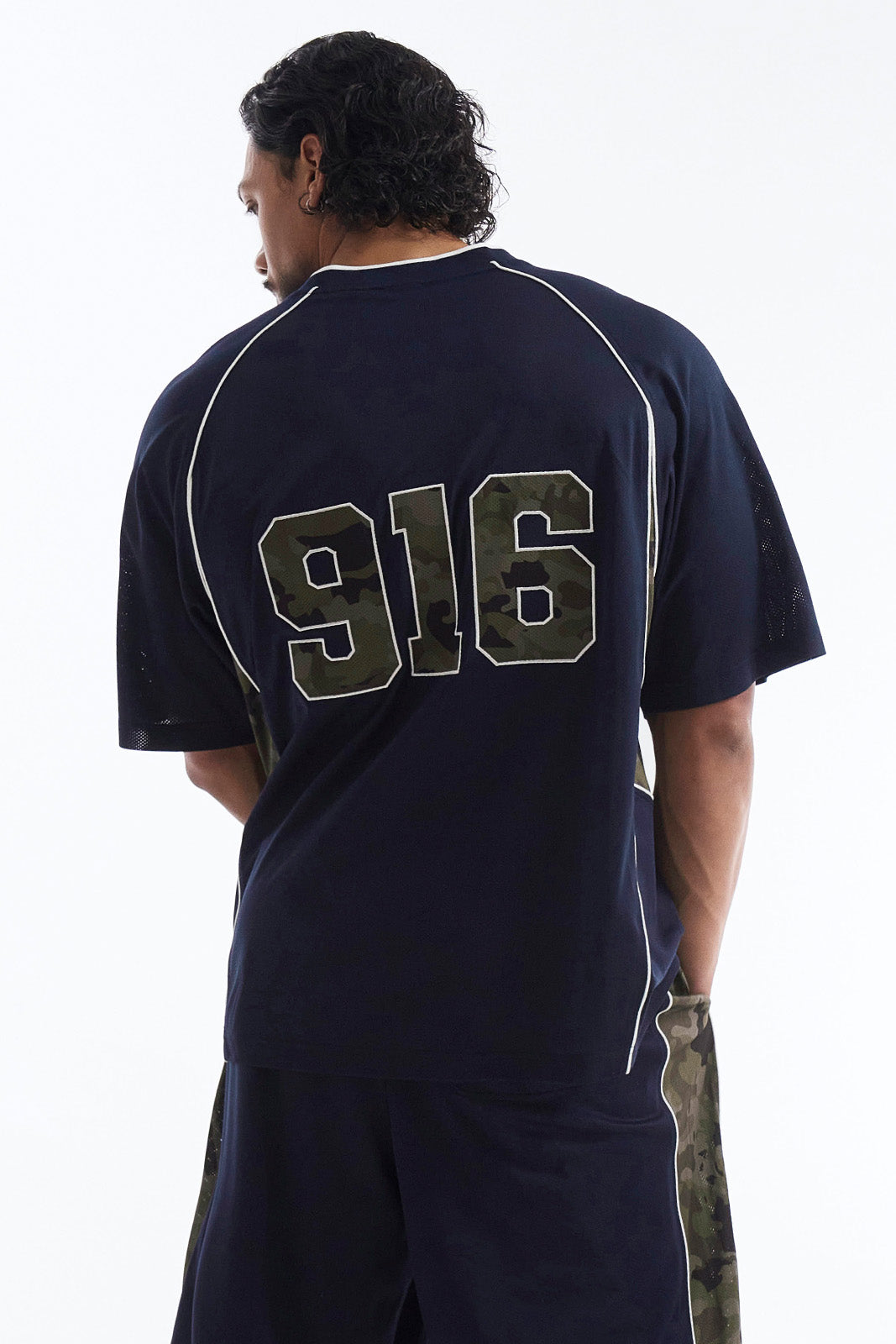 HDEX Baju Korea Olahraga Camo 916 Block Mesh Short Sleeve Navy Pria Fitness