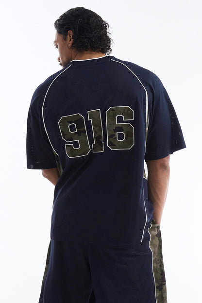 HDEX Baju Korea Olahraga Camo 916 Block Mesh Short Sleeve Navy Pria Fitness