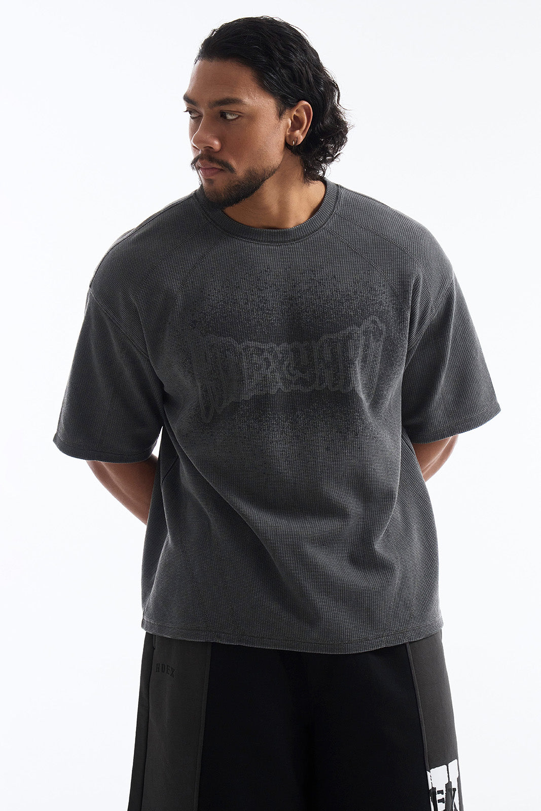 HDEX Baju Korea Olahraga Pigment Cutline Waffle Short Sleeve Charcoal Pria Fitness