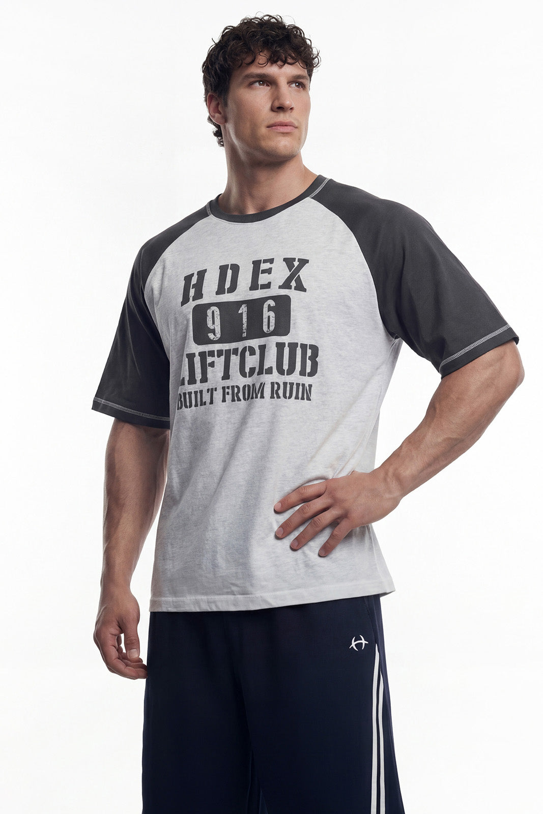 HDEX Baju Korea Olahraga Lift Stitch Raglan Short Sleeve Melange White Pria Fitness