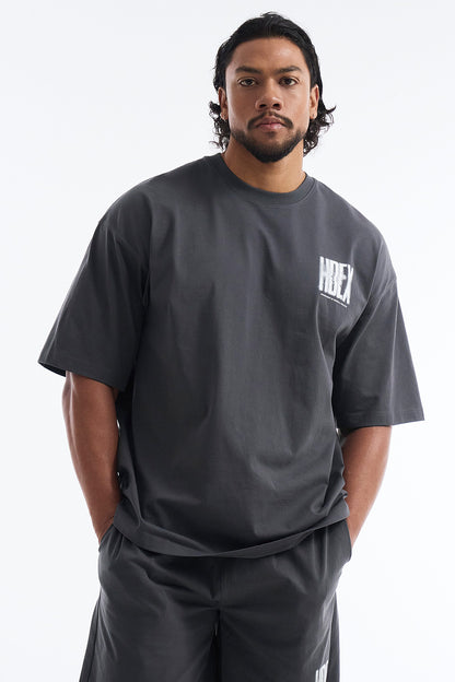 HDEX Baju Korea Olahraga Crack Printed Short Sleeve Charcoal Pria Fitness