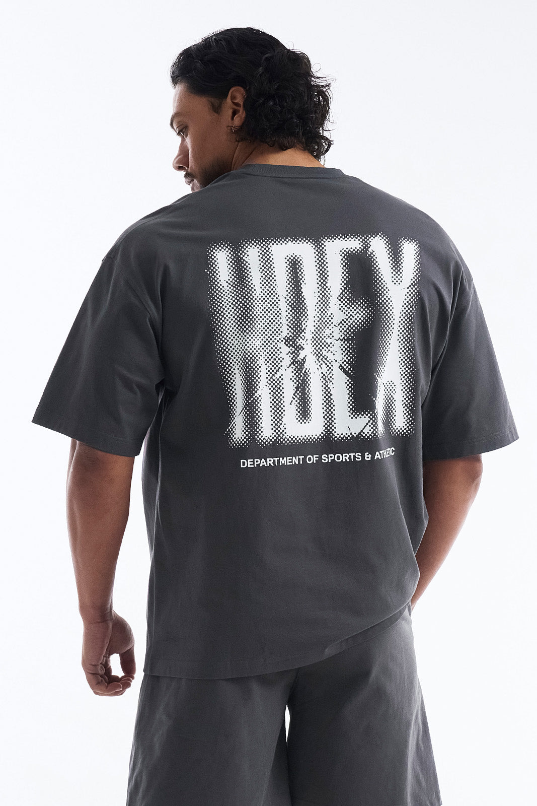 HDEX Baju Korea Olahraga Crack Printed Short Sleeve Charcoal Pria Fitness