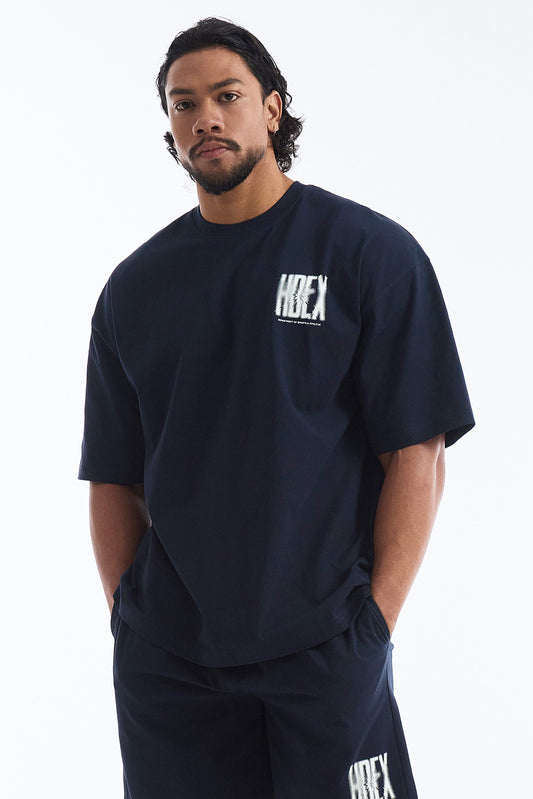 HDEX Baju Korea Olahraga Crack Printed Short Sleeve Navy Pria Fitness