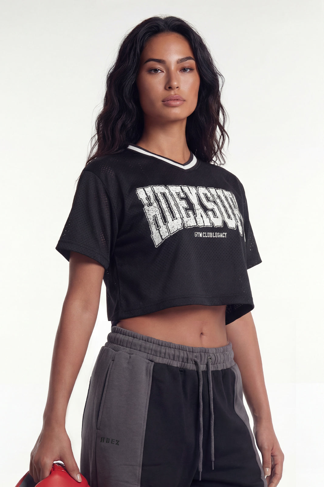 HDEX Baju Korea Olahraga Mega Wide Crop Short Sleeve Black Wanita Fitness