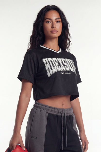 HDEX Baju Korea Olahraga Mega Wide Crop Short Sleeve Black Wanita Fitness