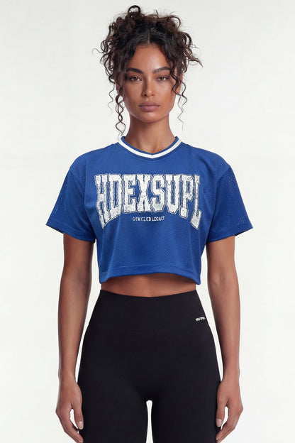 HDEX Baju Korea Olahraga Mega Wide Crop Short Sleeve Blue Wanita Fitness