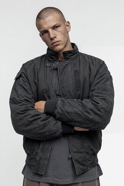 HDEX Jaket Korea Olahraga Washed Bomber Jacket Charcoal Pria Wanita Fitness