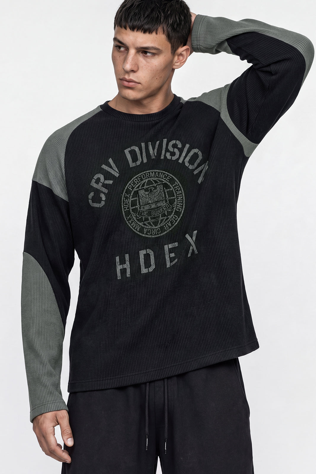 HDEX Baju Korea Olahraga Division Waffle Curved Long Sleeve Black Pria Fitness
